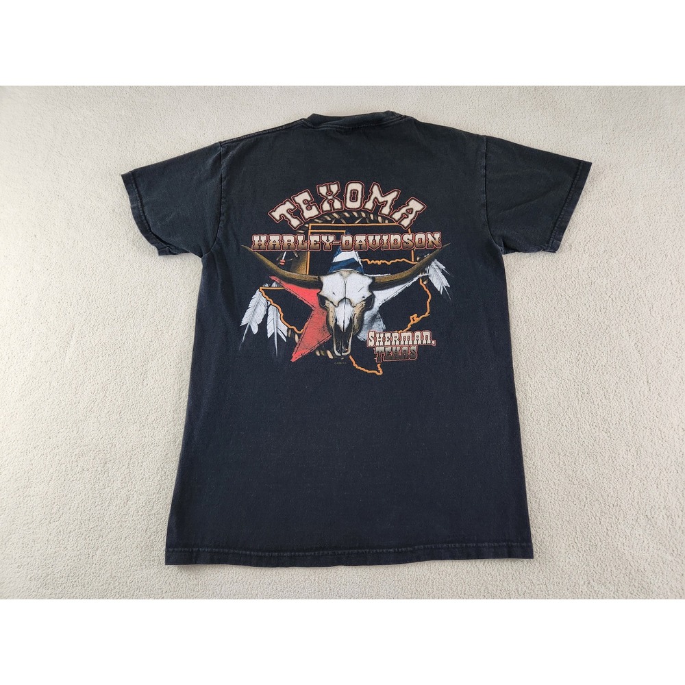 TEXOMA Harley Davidson Black T-Shirt Sherman, TX Size Medium Big Horn Skull